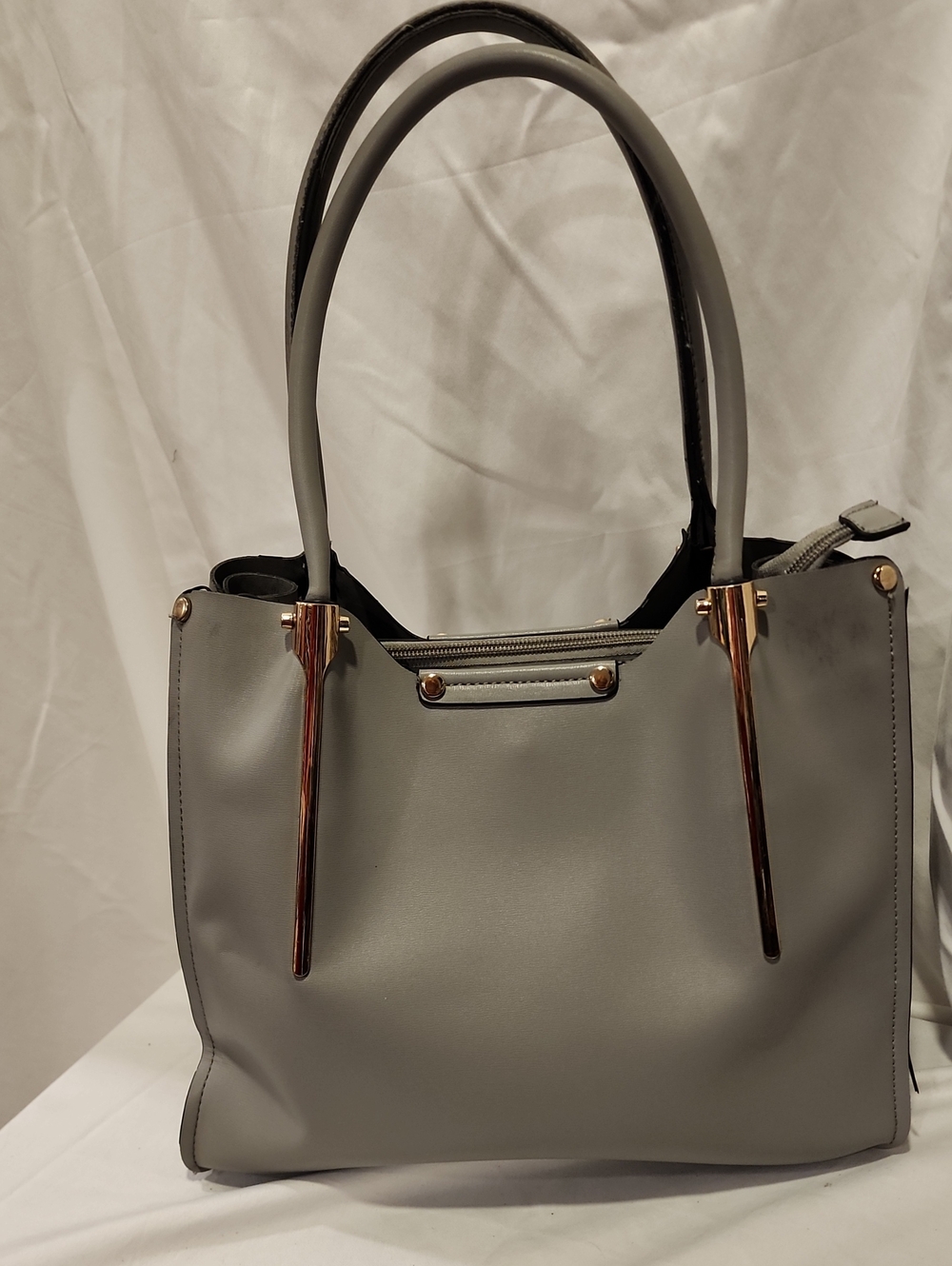 Classic Gray Tote Handbag with Gold Accents